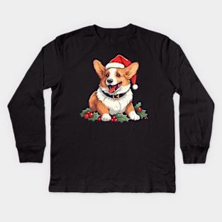 Happy Corgi Christmas Holly Kids Long Sleeve T-Shirt